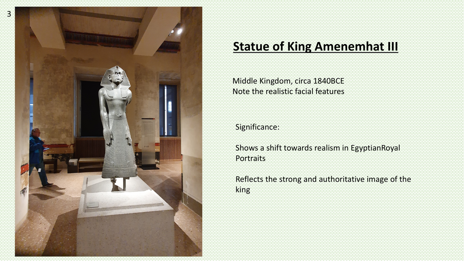 A fine representation of a pharaoh but he does have big hands.